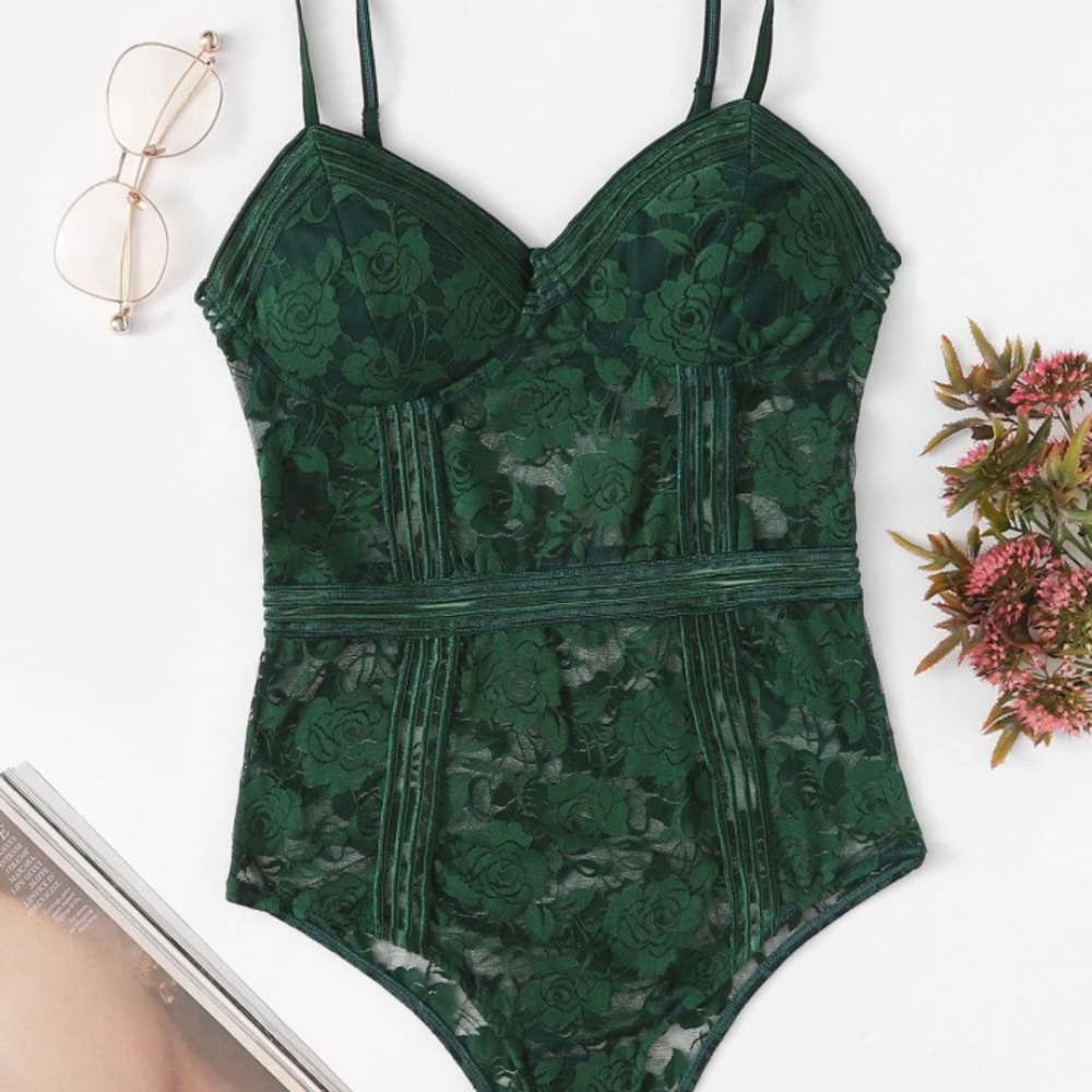 Green floral lace teddy bodysuit